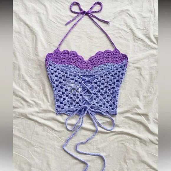 Crochet crop top halter tank purple sea shell pearl mermaid boho - Picture 4 of 4